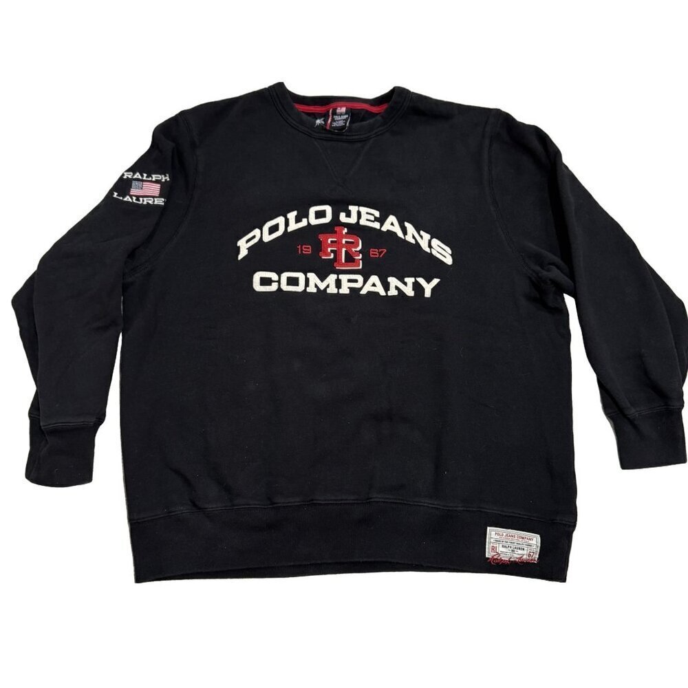 Vintage Ralph Lauren Polo Jeans Co. USA Flag Logo Black Crewneck Sweatshirt XL